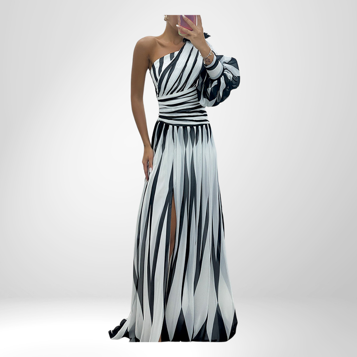 Hazel™ | Elegant Striped Maxi Dress with One Shoulder